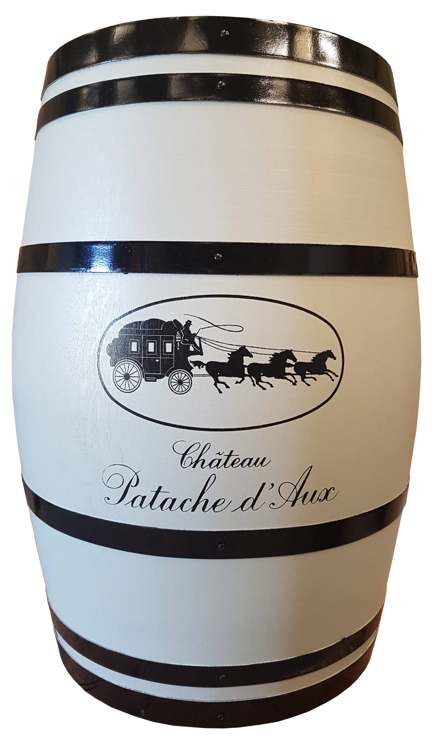 A decorative white barrel featuring the logo of Château Patache d'Aux, highlighting a vintage coach and horses design.