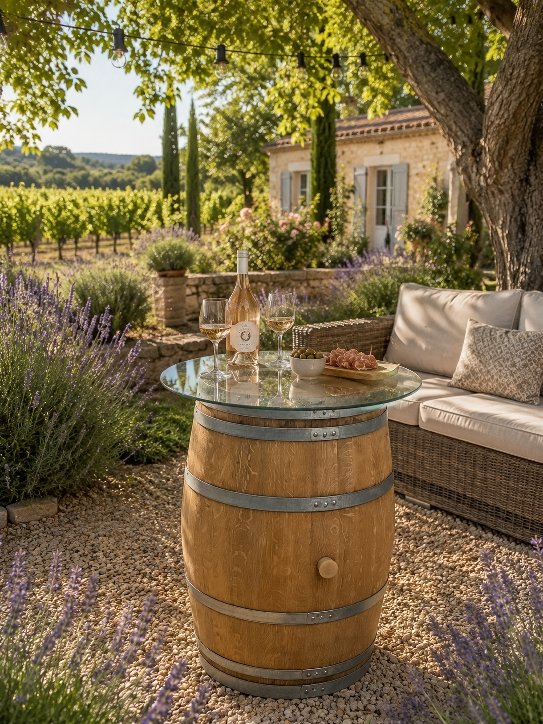 Table Haute tonneau Chêne Avec Plateau Verre
