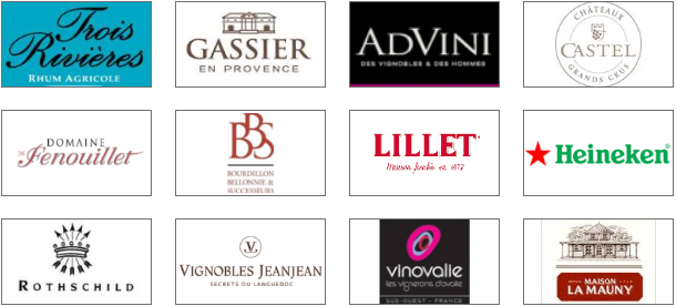 Une collection de logos de différentes marques, incluant Trois Rivières, Gassier, AdVini, Castel, Domaine Fénouillet, Bourguignon, Lillet, Heineken, Rothschild, Vignobles Jeanjean, Vinovaile et Maison La Mauny.