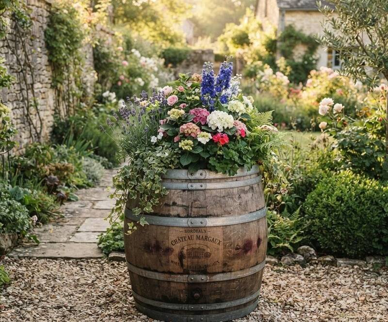 Bac à fleurs en barrique — jardin en chêne vinifié