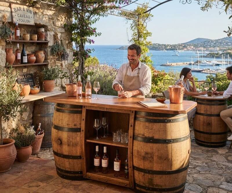 Meuble en barrique à Toulon — bar et tabouret en chêne vinifié